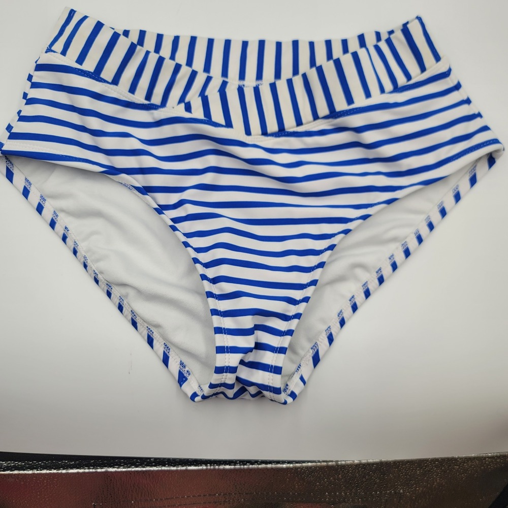 Kona Sol Womens Blue White Striped High Waisted Crossover Bikini Bottom Size M